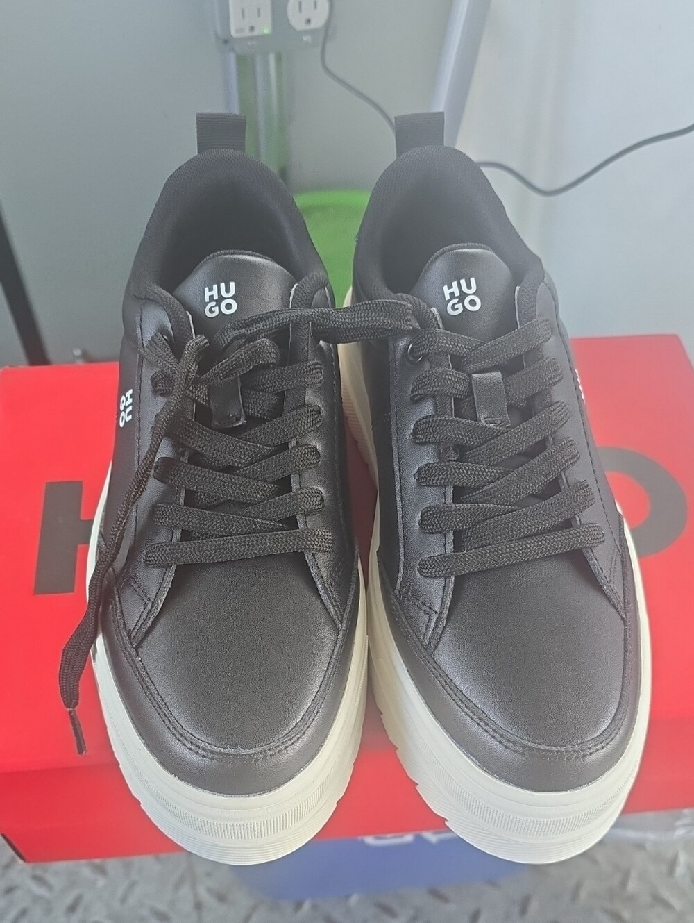 HUGO Black Leather Platform Sneakers with White Sole.  Lyssa
